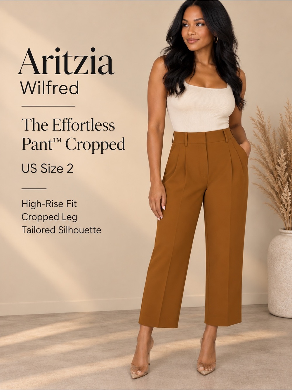 Aritzia Wilfred The Effortless Pant Cropped Caramel Brown Pleated Pants Size 2l